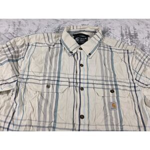 Carhartt Loose Fit Plaid Button Shirt S/S‎ Casual Work Utility Beige Mens Medium